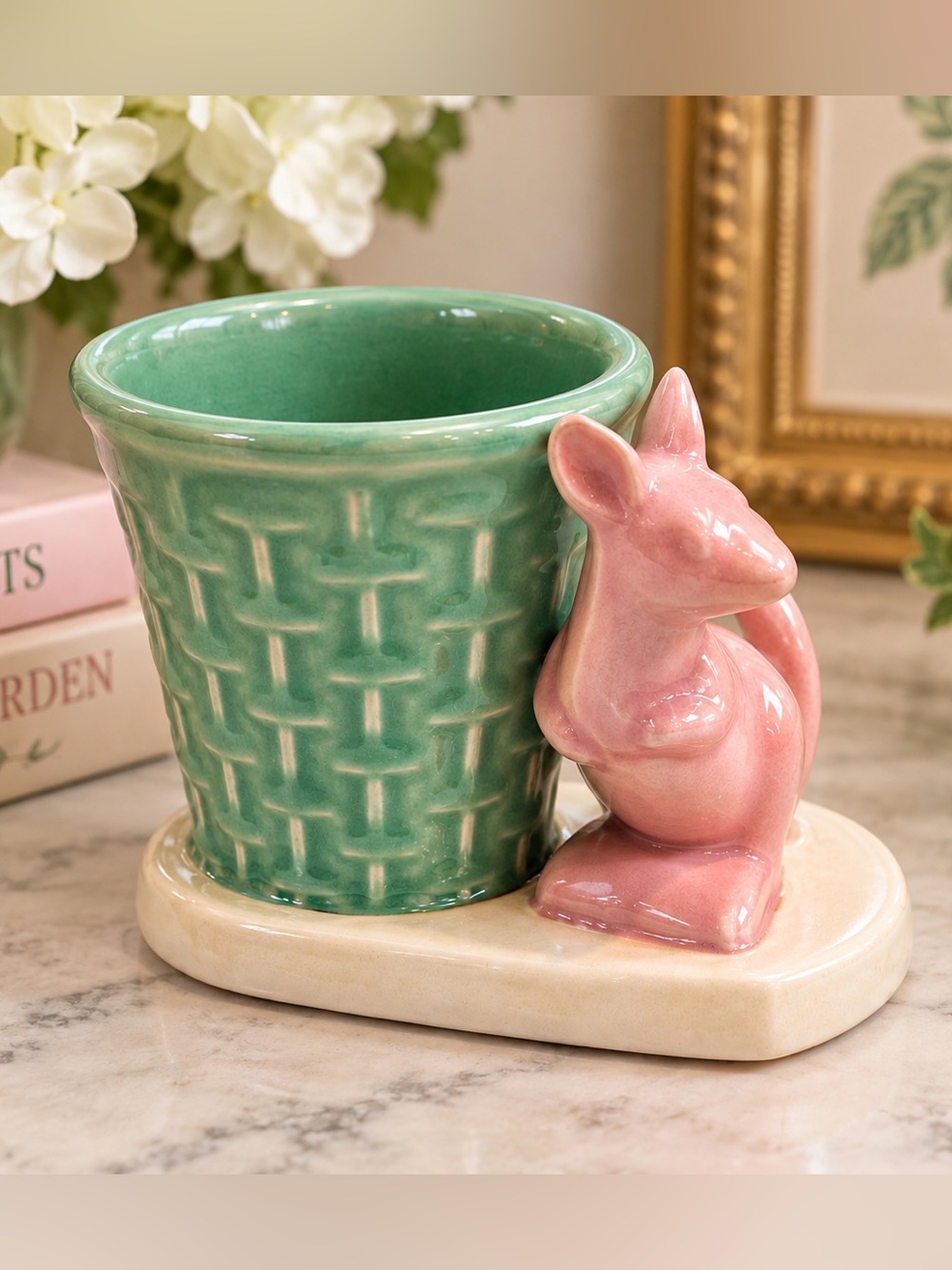Small Vintage Ceramic Kangaroo Planter with Pink and Green Finish